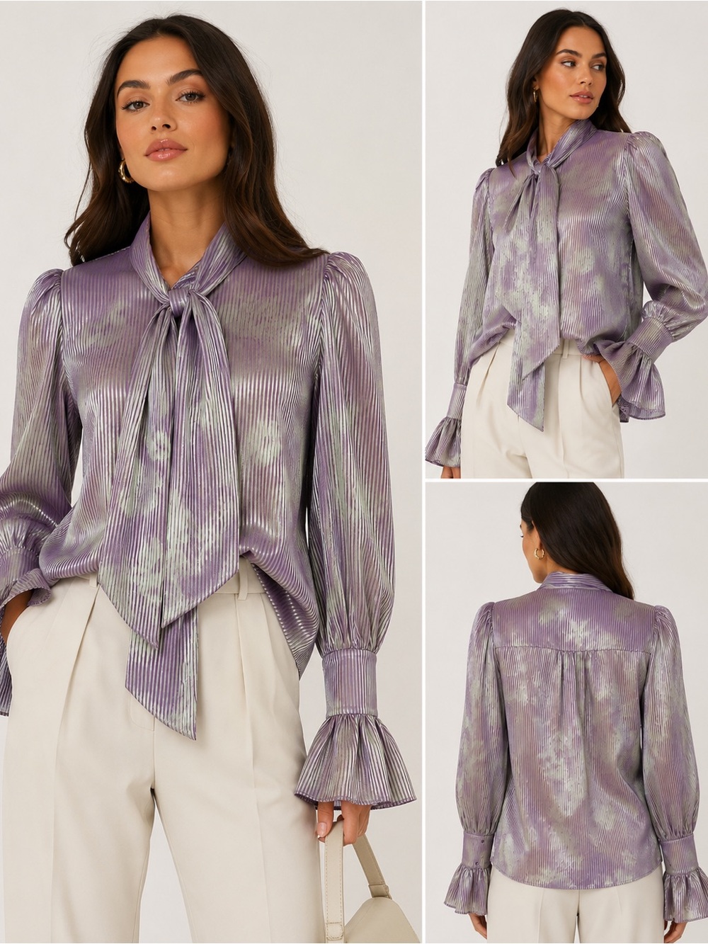 Alexis Francisca Bow Tie Blouse Lilac Metallic Stripe Ruffle Sleeve NWT XS